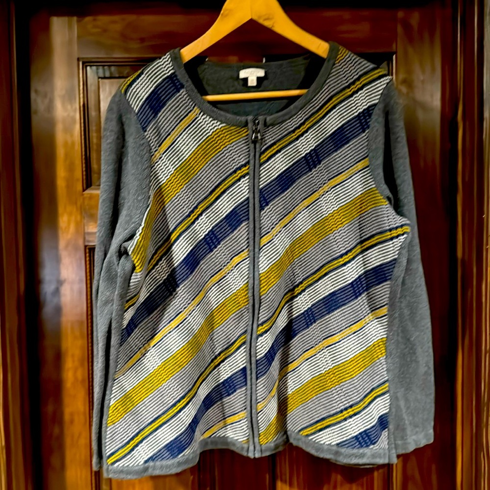 Perfect zip up Talbots cardigan. Grey with blue, yellow and white design.